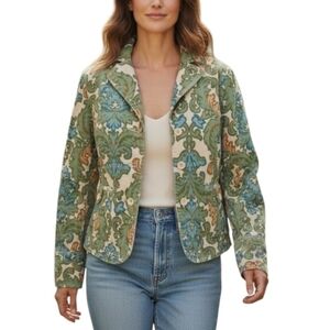 Ann Taylor LOFT Women's 6 Green Tan Corduroy Leaf Button Up Blazer Jacket EUC